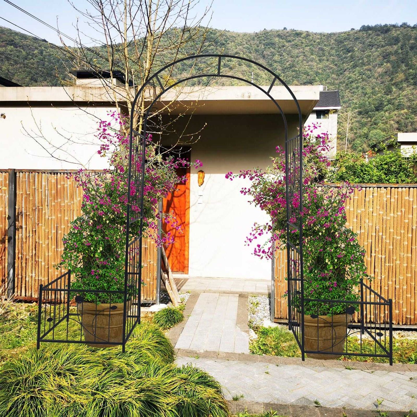 Elegant Metal Garden Arch with Dual Plant Stands - 79.5'' Wide x 86.6'' High Climbing Support for Roses & Vines - Outdoor Black Trellis Decoration - luxuryhomedecoridea.com