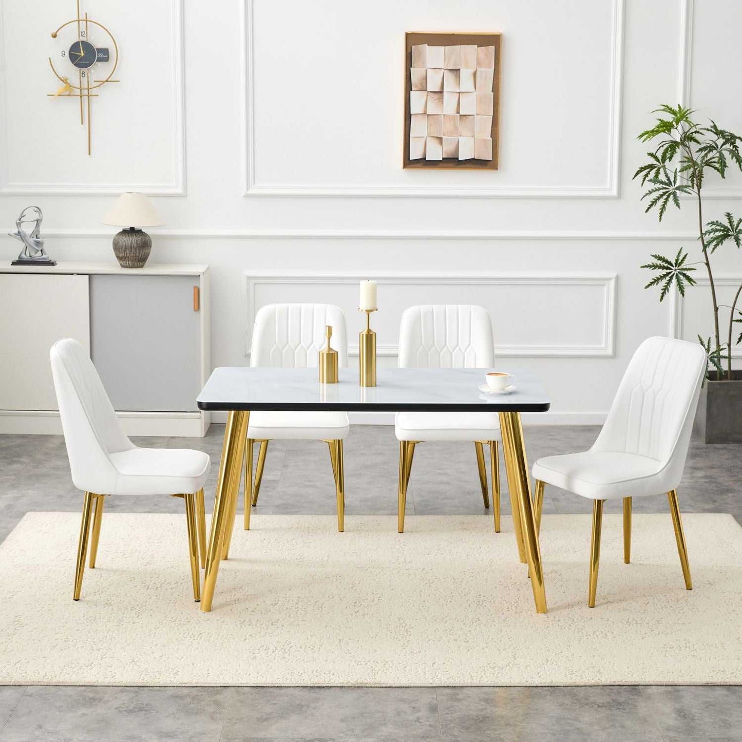 Table and chair set.Table and chair set.White imitation marble texture glass top + lower black MDF board,silver metal legs.Paired with 4 WHITE chairs with PU artificial leather backrest cushions. - luxuryhomedecoridea.com