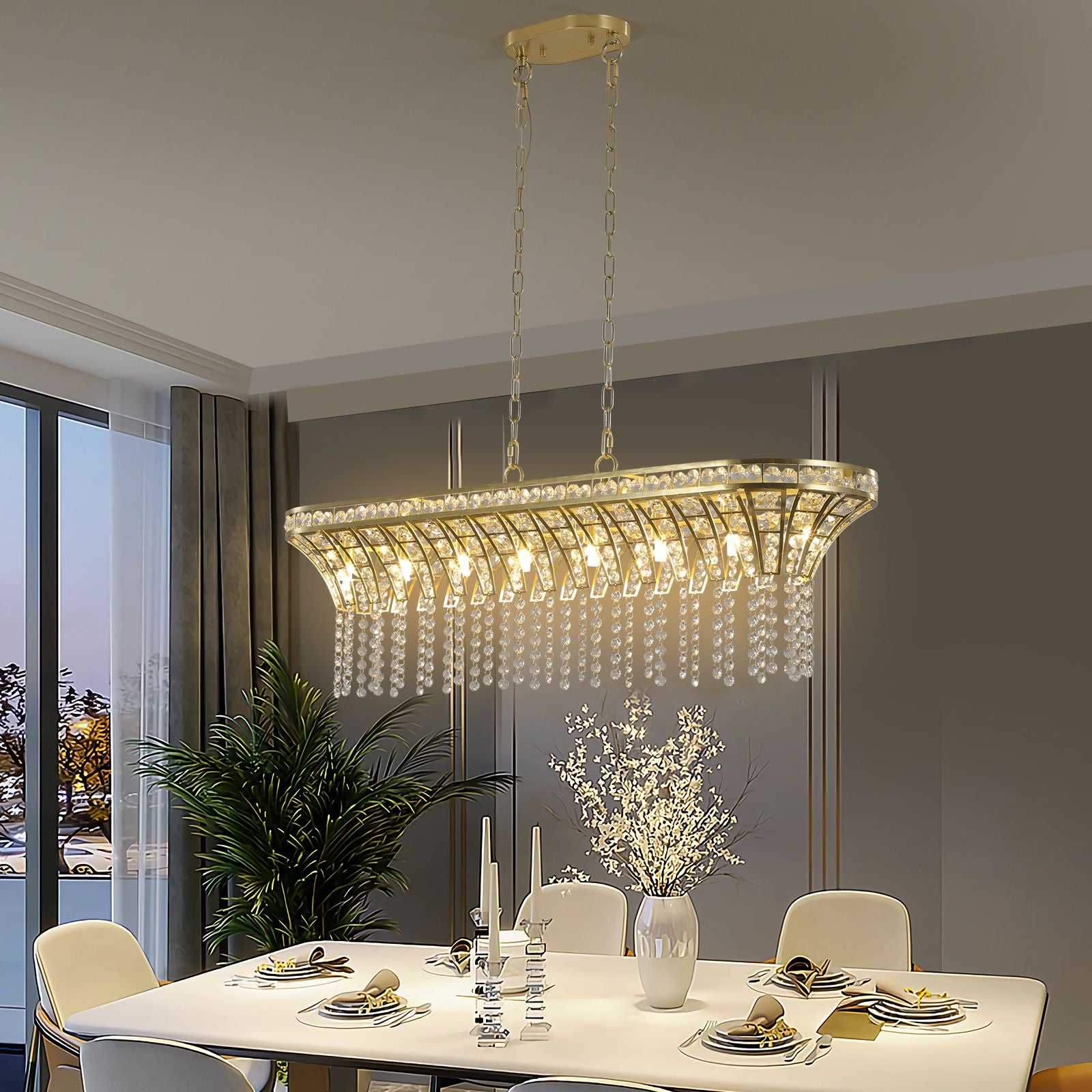 39" Modern Crystal Linear Rectangle Chandelier with Gold Finish, Elegant Pendant Light with Cascading Beads, for Dining Room, Living Room, or Foyer (Bulb Not Included) - luxuryhomedecoridea.com