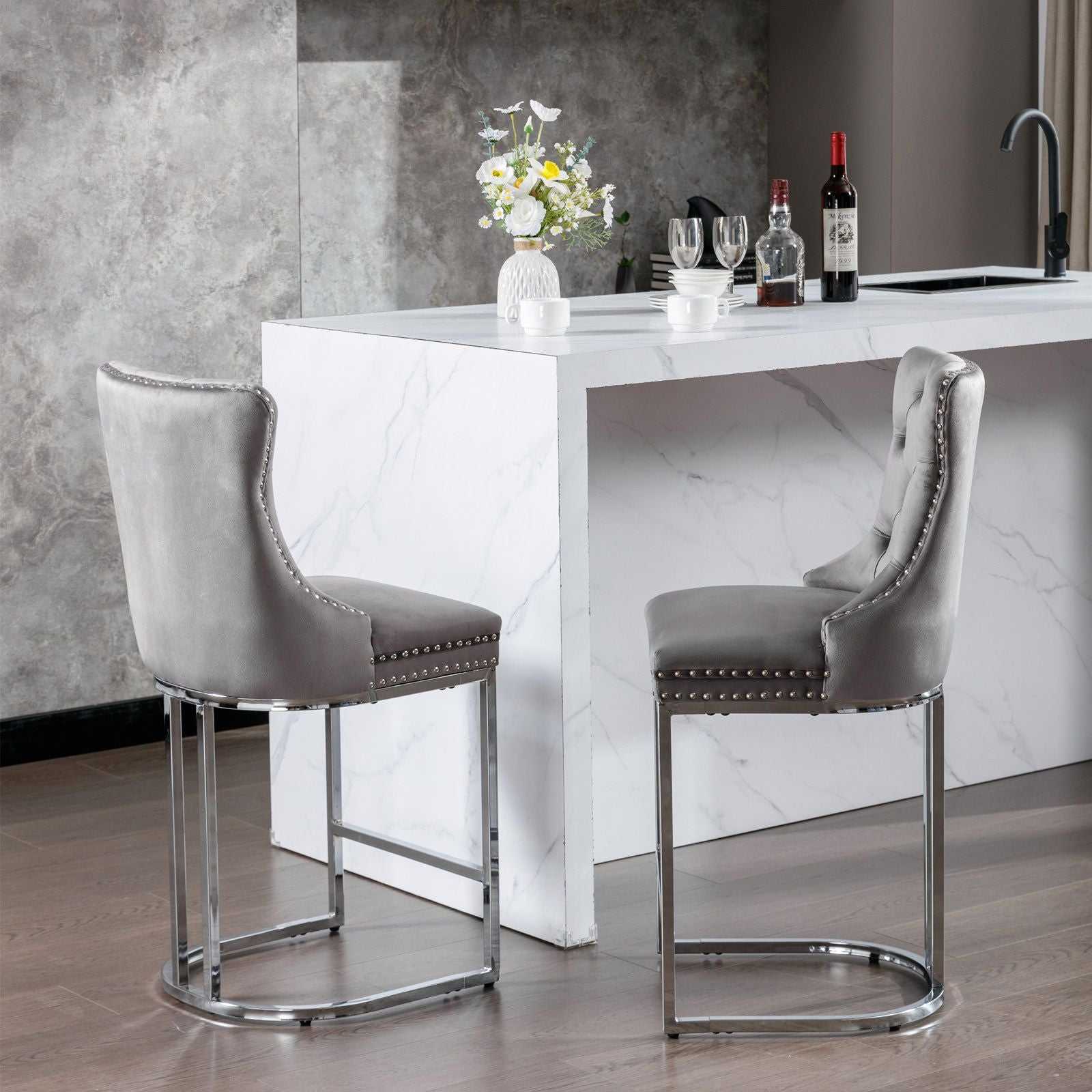 26" Counter Height Bar Stools Set of 2, Modern Velvet Barstools with Button Back&Rivet Trim Upholstered Kitchen Island Chairs with Sturdy Chromed Metal Base Legs Farmhouse Bar Stools, (Gray,2 Pack) - luxuryhomedecoridea.com