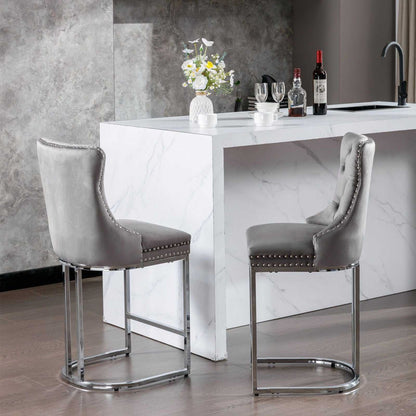 26" Counter Height Bar Stools Set of 2, Modern Velvet Barstools with Button Back&Rivet Trim Upholstered Kitchen Island Chairs with Sturdy Chromed Metal Base Legs Farmhouse Bar Stools, (Gray,2 Pack) - luxuryhomedecoridea.com
