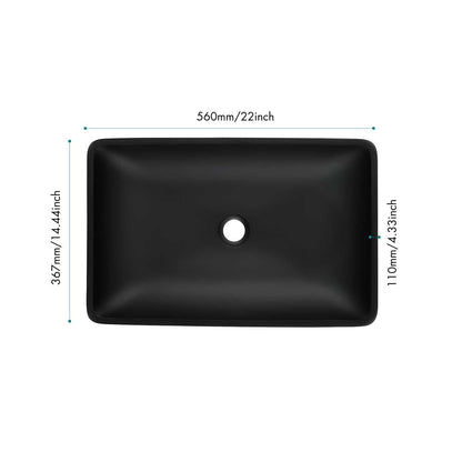14.38" L -22.25" W -4-3/8 in. H Matte Shell Glass Rectangular Vessel Bathroom Sink in Black with Faucet and Pop-Up Drain in Matte Black - luxuryhomedecoridea.com