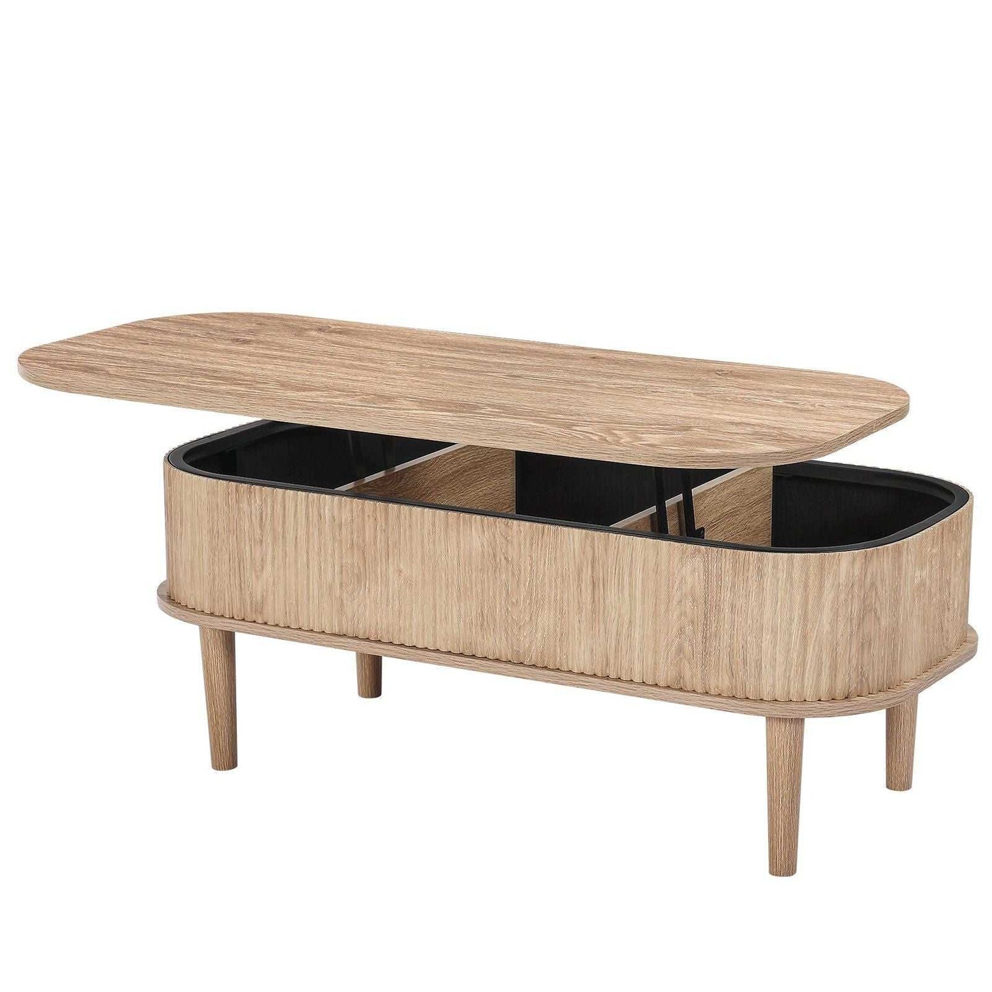 39.4 in Lift Top Coffee Table, Fluted Oval Coffee Table with 3 Hidden Compartment, Mid Century Wooden Oval Center Desk with Storage, Lift Up Tabletop for Home & Office, Easy Assembly, Burlywood - luxuryhomedecoridea.com