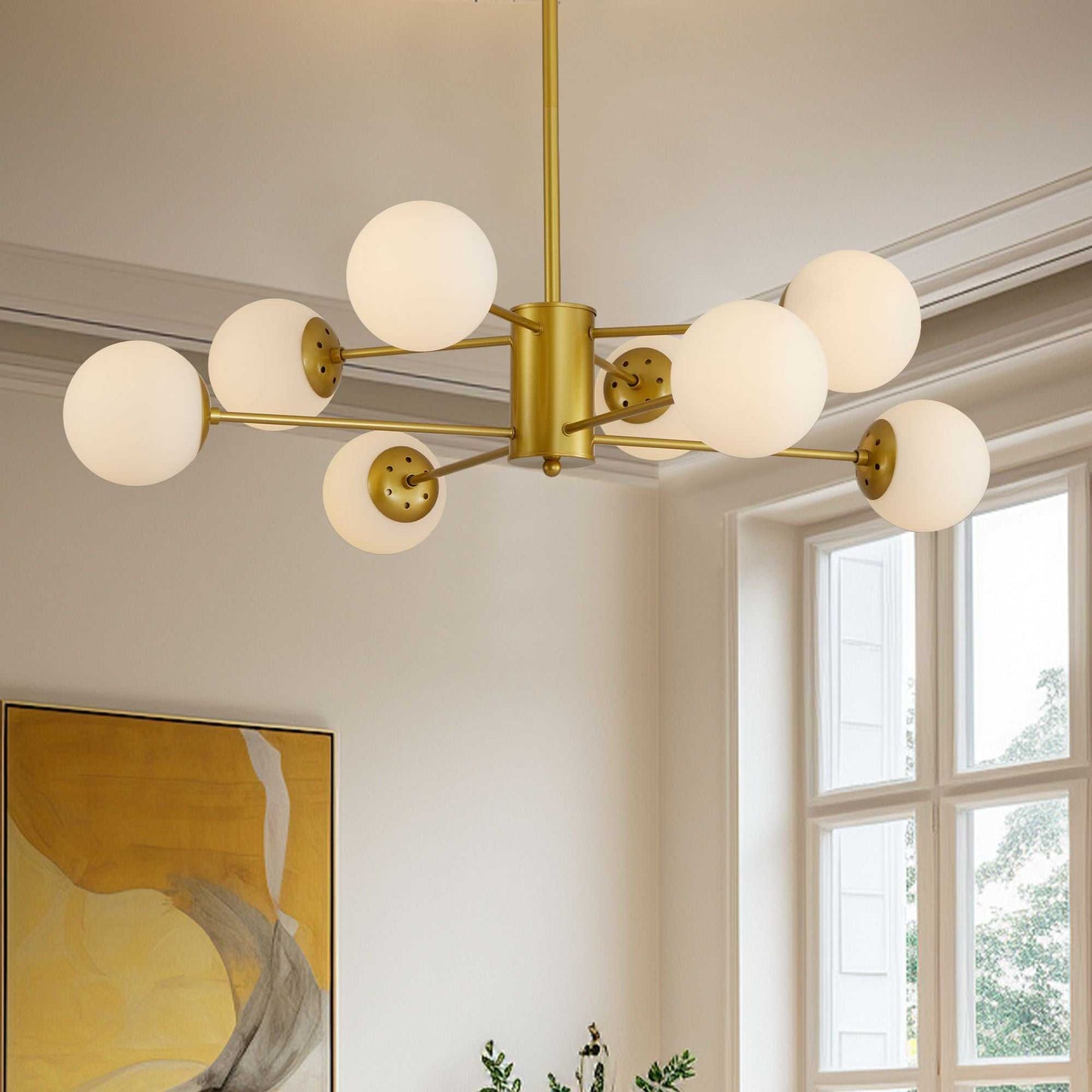 35" Modern 8-Light Gold Chandelier with White Glass Globe Shades, Mid-Century Branching Design, Elegant Ceiling Light Fixture for Dining Room, Living Room, or Bedroom (No Bulbs) - luxuryhomedecoridea.com