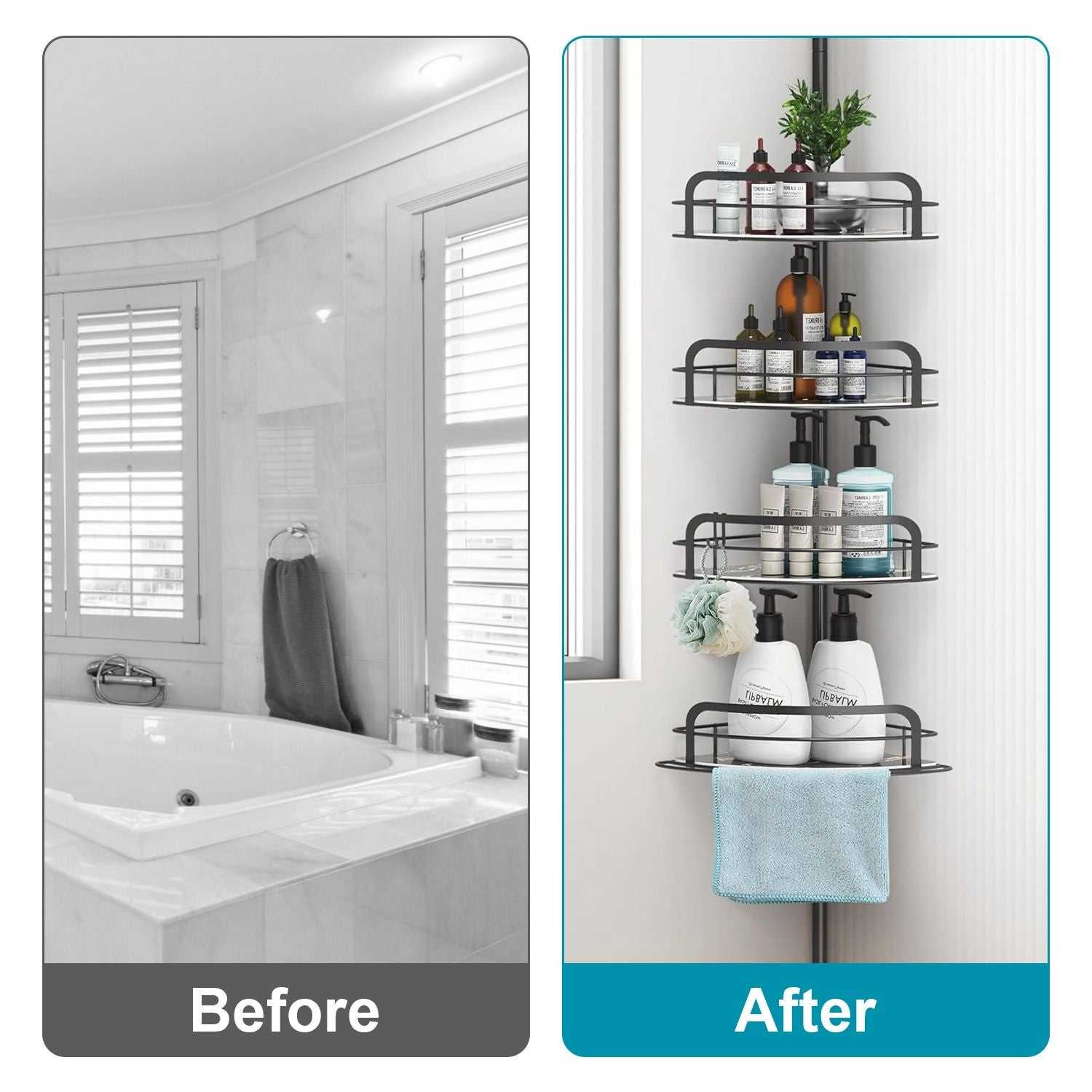 Corner Shower Caddy Tension Pole, Quick Setup, Rust-Free Bathroom Shower Organizer Corner for Bathtub Shampoo Storage, 4-Tier Adjustable Shelf, Drill Free, Fits 8.66 to 116 Inch Height, Black - luxuryhomedecoridea.com