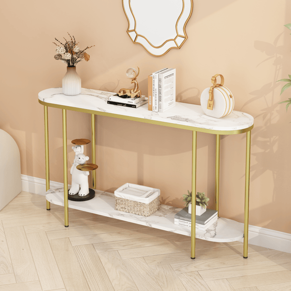 2-Tier Oval Console Table, White Faux Marble Top with Gold Metal Frame, Modern Entryway Table with Open Shelf, 42.1"×11.4"×30.5" Narrow Sofa Table for Hallway, Living Room & Foyer - luxuryhomedecoridea.com