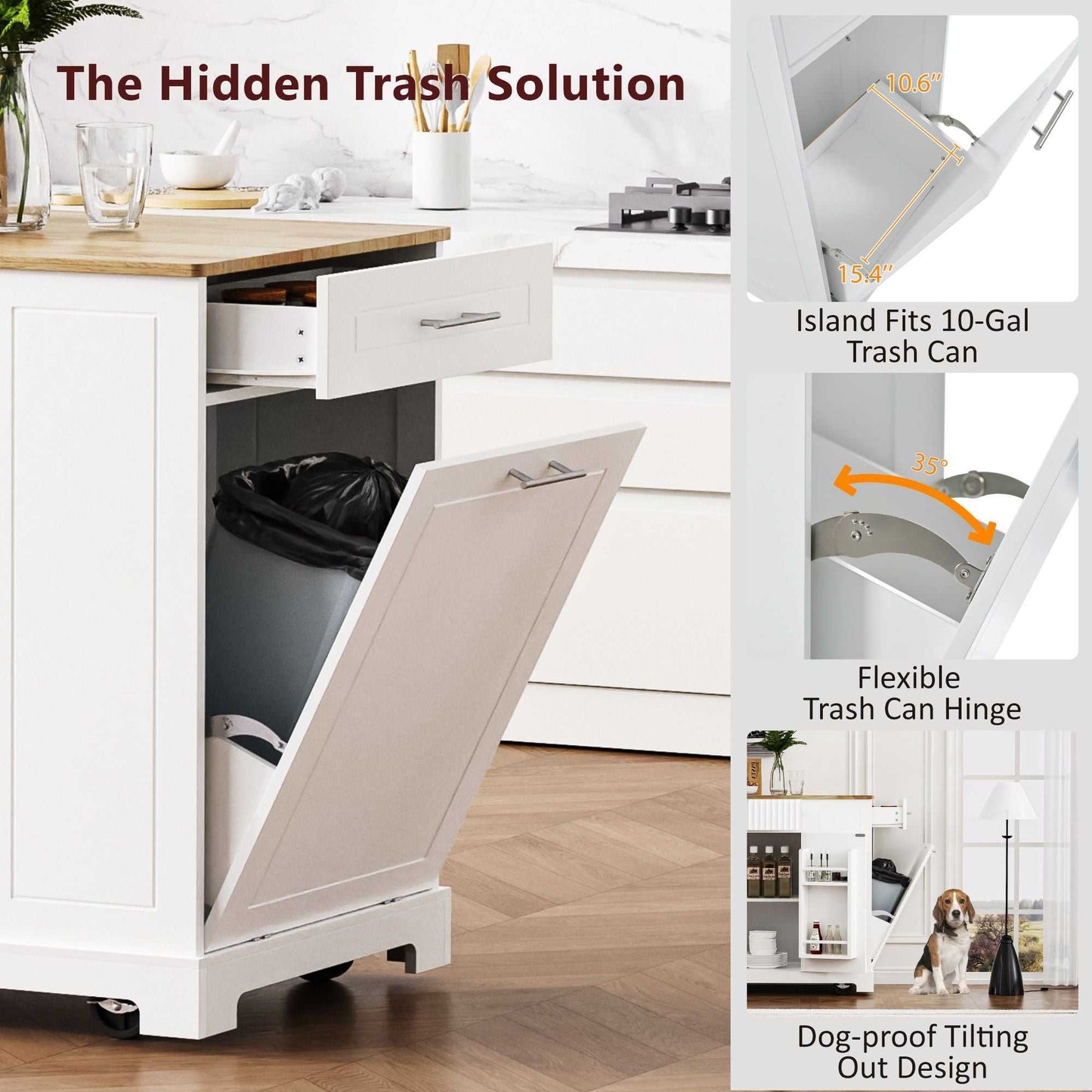 Fluted Kitchen Island with Trash Can Storage Cabinet, Power Outlet, Internal Storage Rack, Rolling Kitchen Islands on 5 Wheels with 3 Drawer, 3 Open Side Racks for 10 Gallon Garbage Bin - luxuryhomedecoridea.com