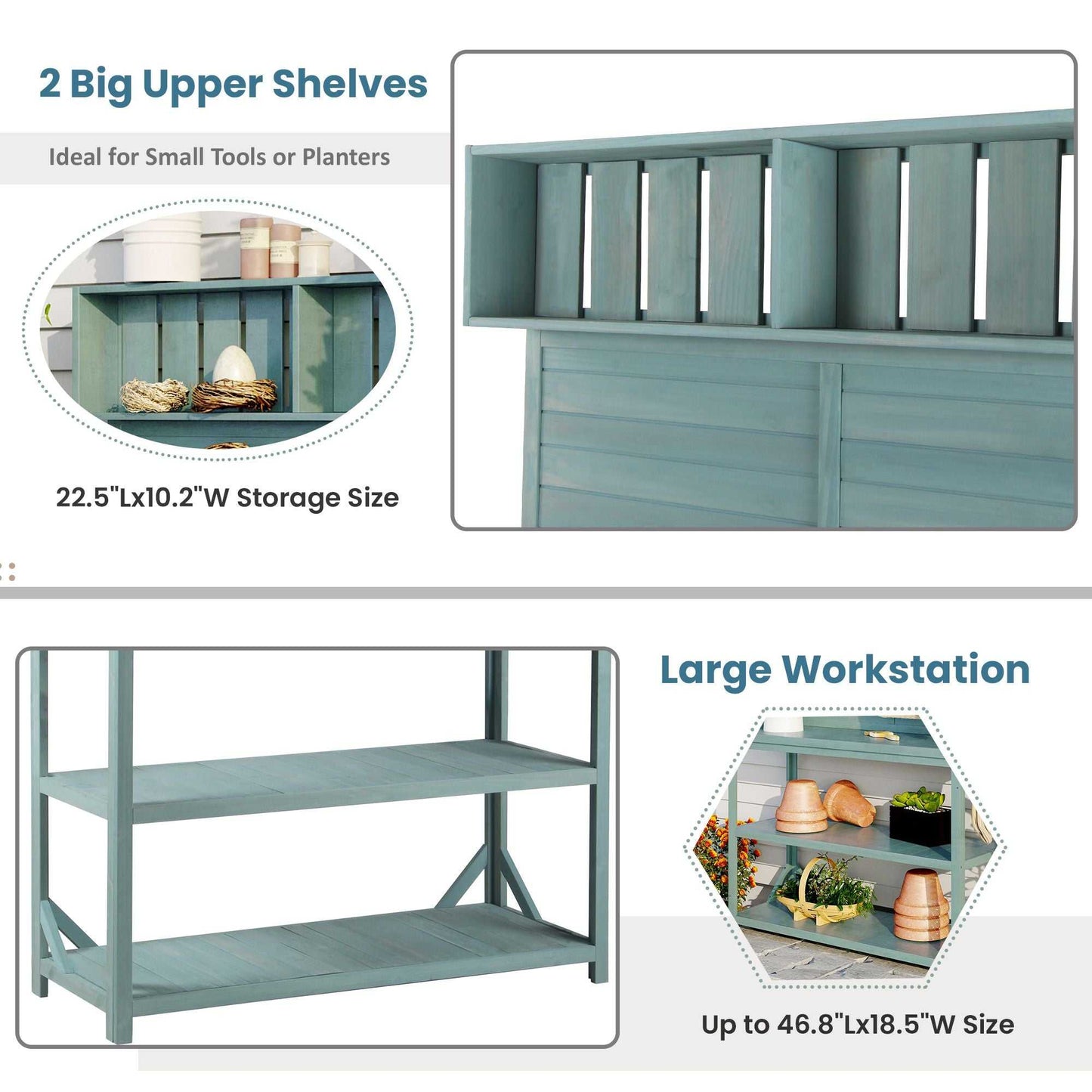 65" Large Wooden Farmhouse Rustic Outdoor Potting Bench Table; Patio Workstation; Garden Potting Bench with 4 Storage Shelves and Side Hook - luxuryhomedecoridea.com