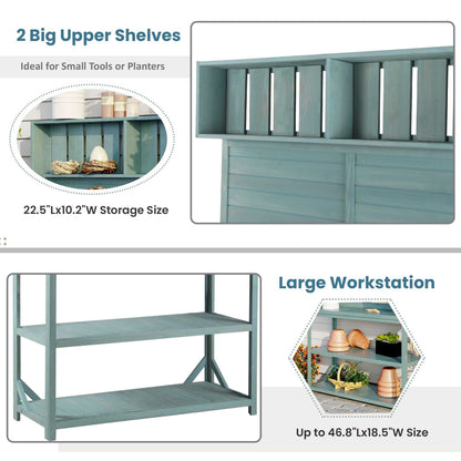65" Large Wooden Farmhouse Rustic Outdoor Potting Bench Table; Patio Workstation; Garden Potting Bench with 4 Storage Shelves and Side Hook - luxuryhomedecoridea.com