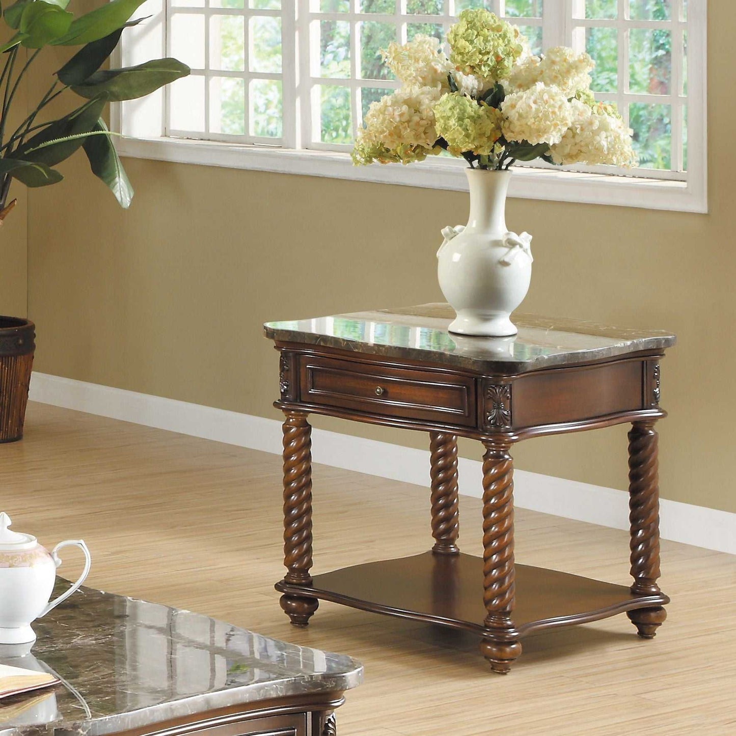 Traditional Formal Marble Top End Table with Drawer Lower Shelf Mahogany Finish Spiral Turned Legs Wooden 1pc Living Room Furniture Side Table - luxuryhomedecoridea.com