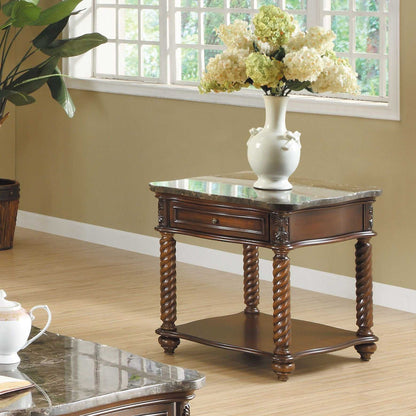 Traditional Formal Marble Top End Table with Drawer Lower Shelf Mahogany Finish Spiral Turned Legs Wooden 1pc Living Room Furniture Side Table - luxuryhomedecoridea.com