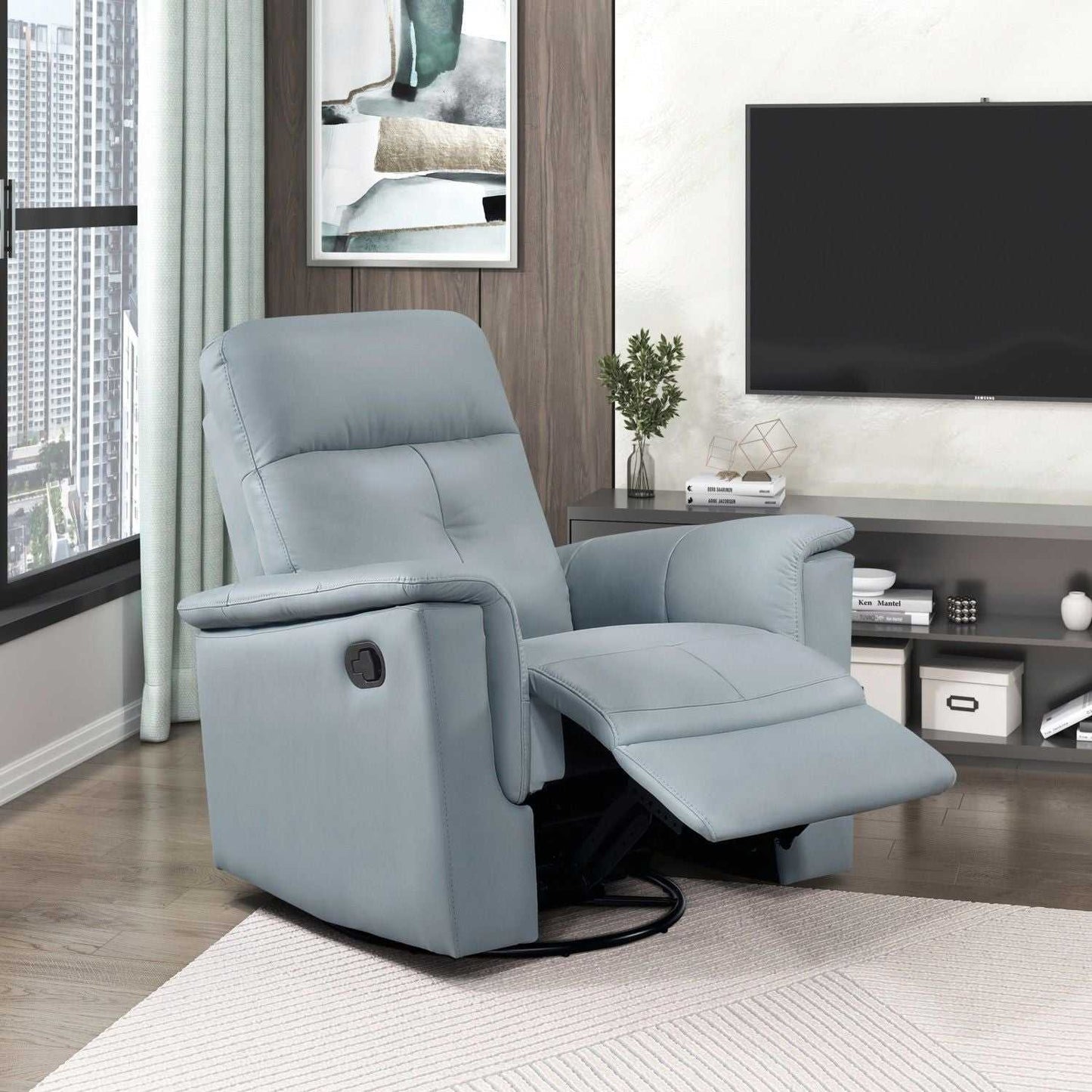 Blue Leather Upholstered Swivel Glider Reclining Chair Luxury Living Room Furniture Comfort Chair 1pc Plush Comfort - luxuryhomedecoridea.com