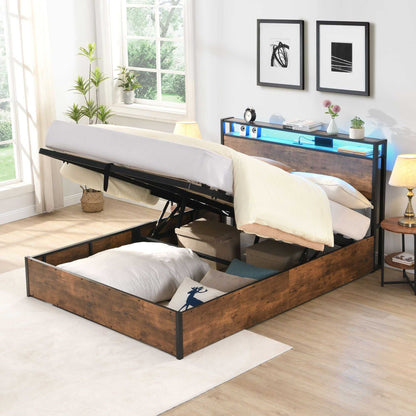 Lift-up Storage Bed Frame, Full Size Bed Frame with Bookcase Headboard & LED Lights, Wooden Platform Bed Frame with Charging Station, No Spring Box Needed, Rustic Brown - luxuryhomedecoridea.com
