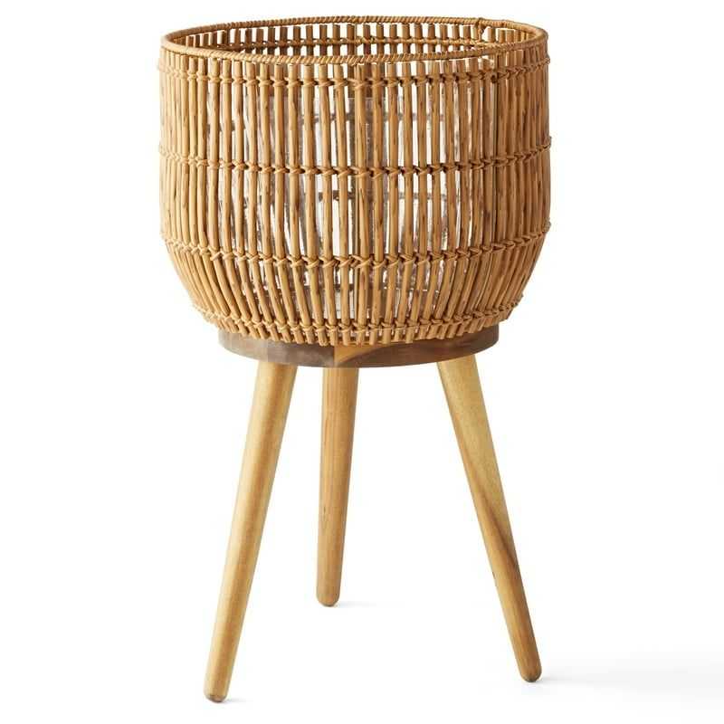 13 Inch Round Brown Resin Rattan Planter Stand with Acacia Wood Legs - luxuryhomedecoridea.com