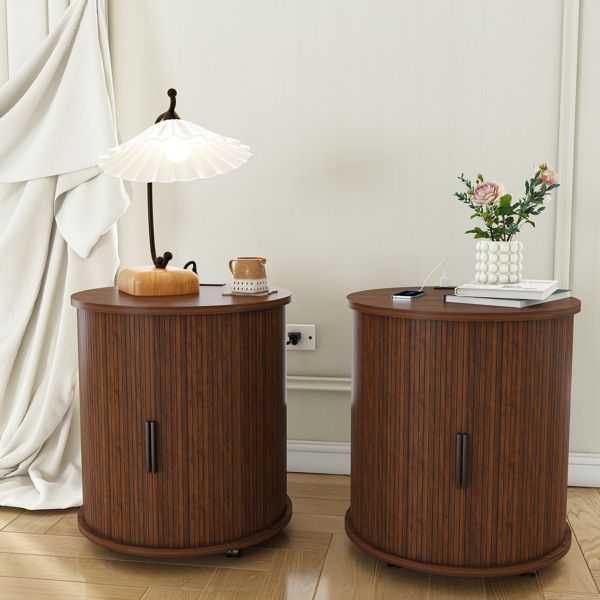Mid Century Modern Cylinder End Table with Built-in Charging Station & Sliding Door, 2-Tier Storage Round Nightstand with USB Ports, Walnut Bedside Table for Living Room, Bedroom, Entryway - luxuryhomedecoridea.com