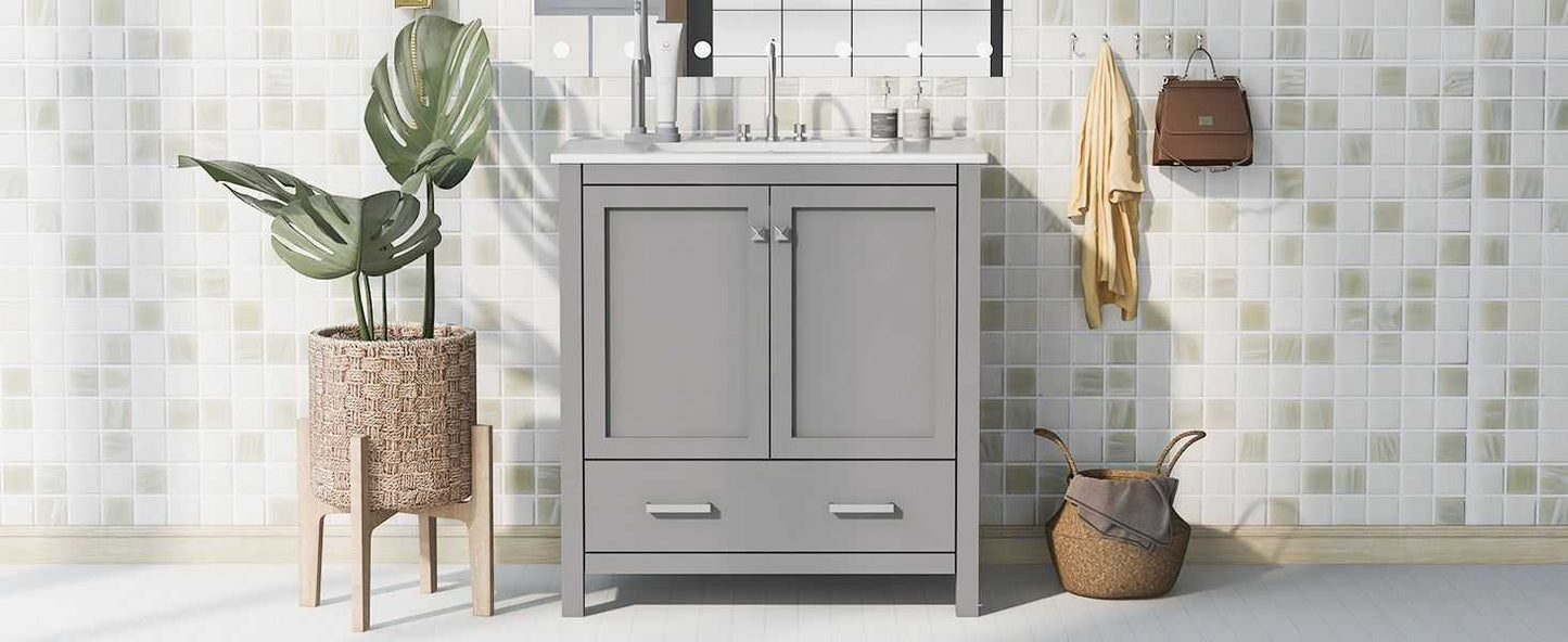 30" Bathroom Vanity with Single Sink, Combo Cabinet Undermount Sink, Bathroom Storage Cabinet with 2 Doors and a Drawer, Soft Closing, Multifunctional Storage, Solid Wood Frame - luxuryhomedecoridea.com