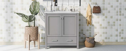 30" Bathroom Vanity with Single Sink, Combo Cabinet Undermount Sink, Bathroom Storage Cabinet with 2 Doors and a Drawer, Soft Closing, Multifunctional Storage, Solid Wood Frame - luxuryhomedecoridea.com