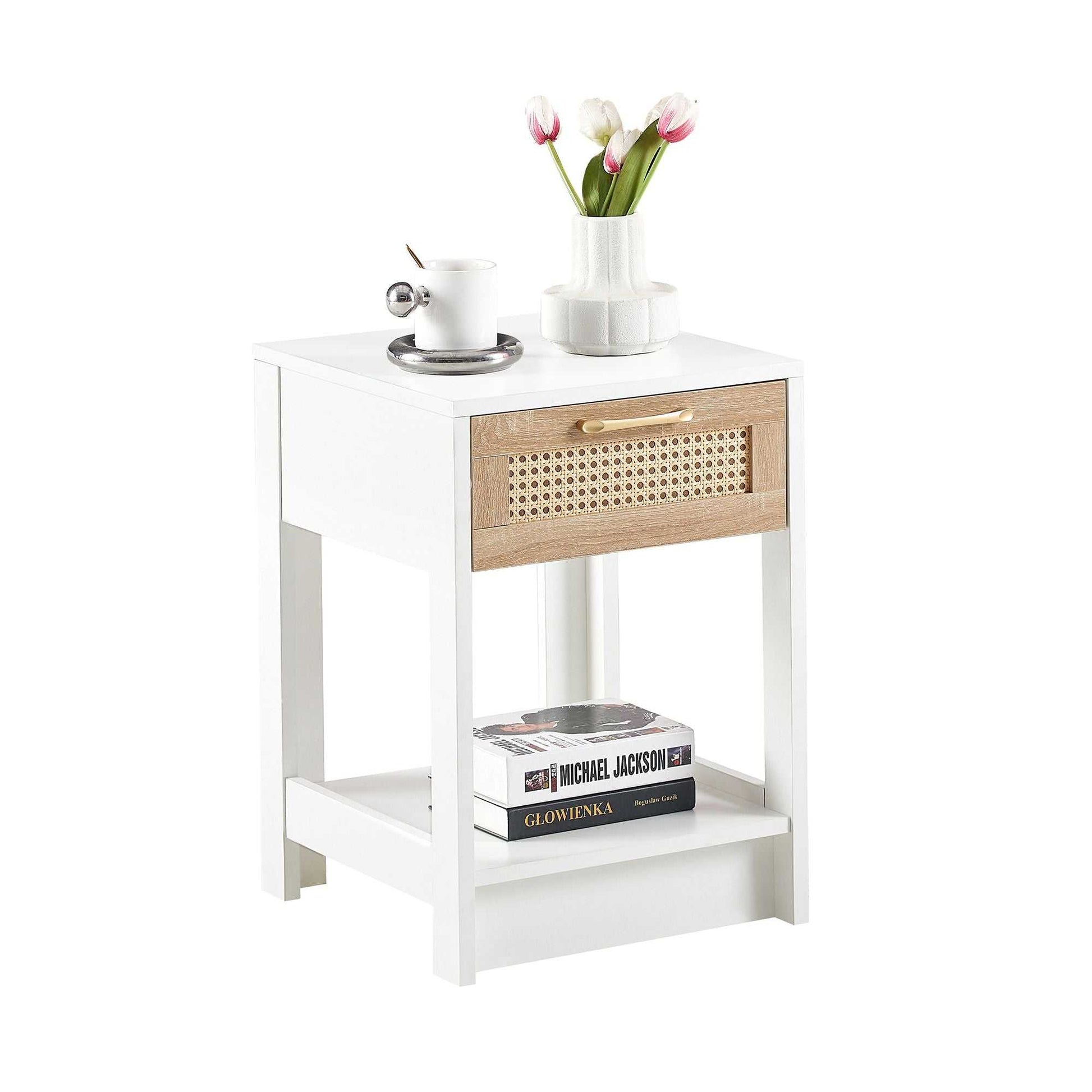 15.75" Rattan End table with drawer, Modern nightstand, side table for living room, bedroom - luxuryhomedecoridea.com