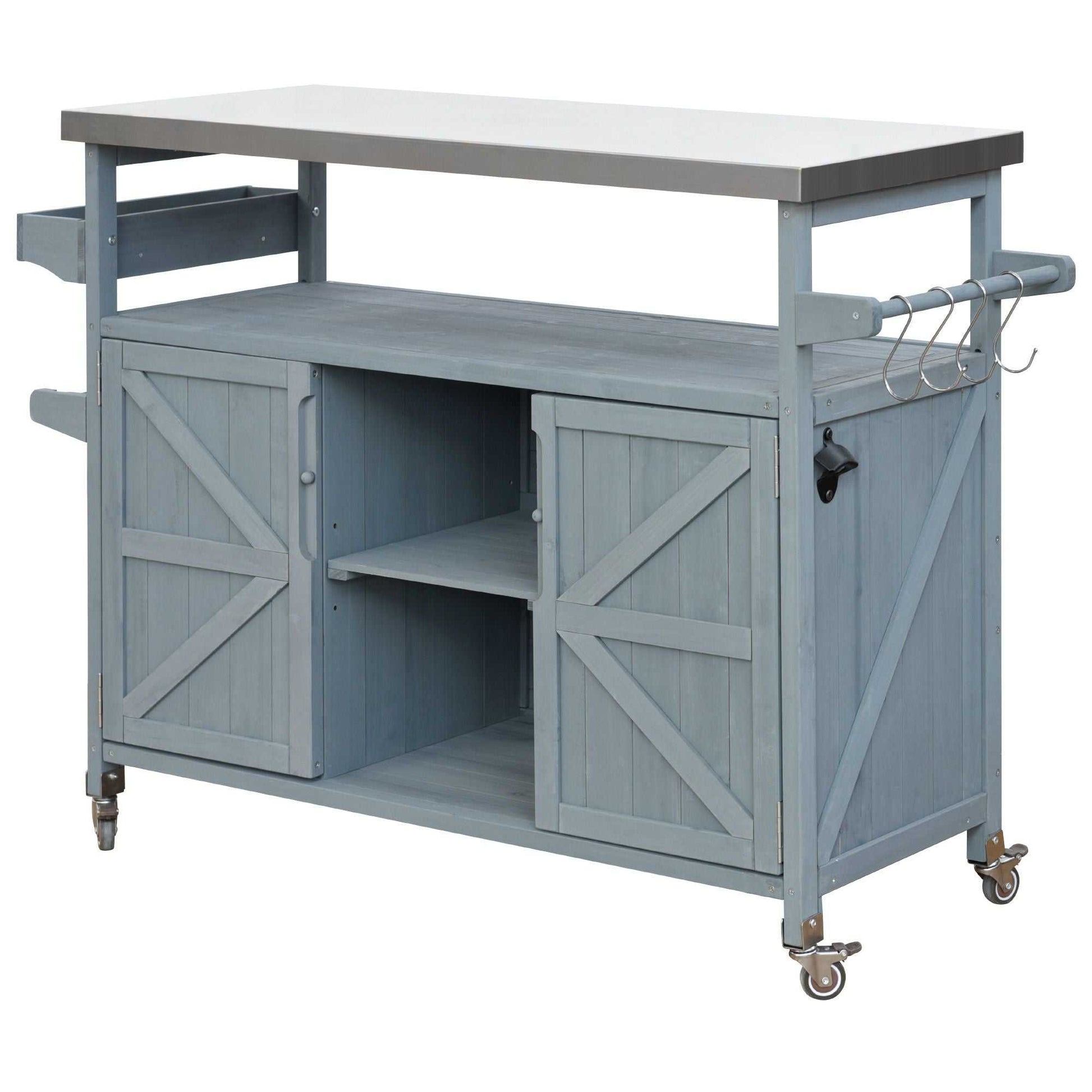 Outdoor Kitchen Island, Rolling Bar Cart & Storage Cabinet, Farmhouse Solid Wood Outdoor Grill Table with Stainless Steel Top, Spice Rack , Towel Rack for Kitchen & BBQ , Grey Blue - luxuryhomedecoridea.com