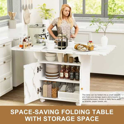 47" Wood Folding Dining Table with storage rack and cabinet, Removable Entryway Table with 6 Wheels, White Marble Color Kitchen Island, Side Table and Coffee Table Versatile Table Space Saving - luxuryhomedecoridea.com