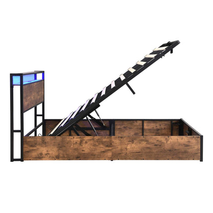 Lift-up Storage Bed Frame, Full Size Bed Frame with Bookcase Headboard & LED Lights, Wooden Platform Bed Frame with Charging Station, No Spring Box Needed, Rustic Brown - luxuryhomedecoridea.com