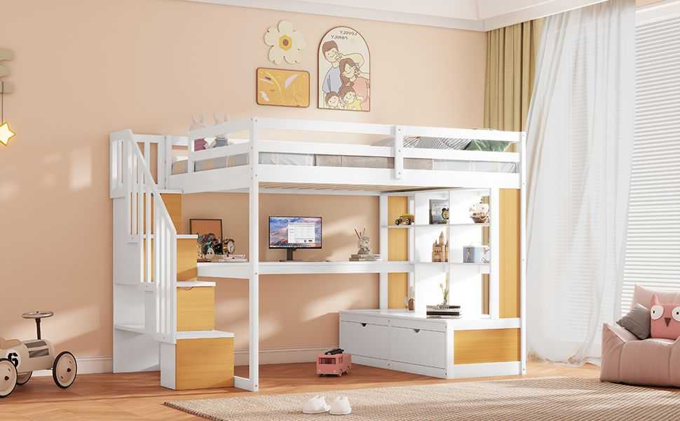 Full Size Loft Bed with Desk and Shelves, Two Built-in Drawers, Storage Staircase, White and Natural - luxuryhomedecoridea.com