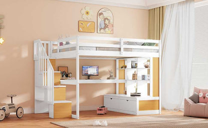 Full Size Loft Bed with Desk and Shelves, Two Built-in Drawers, Storage Staircase, White and Natural - luxuryhomedecoridea.com