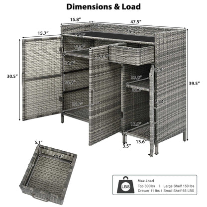 47.5"W Wicker Outdoor Storage Cabinet with Tempered Glass Desktop, Weather-proof Rattan Bar Table with Three Doors, Adjustable Shelf, and One Drawer, for Outdoor Cushions, Pool Toys - luxuryhomedecoridea.com