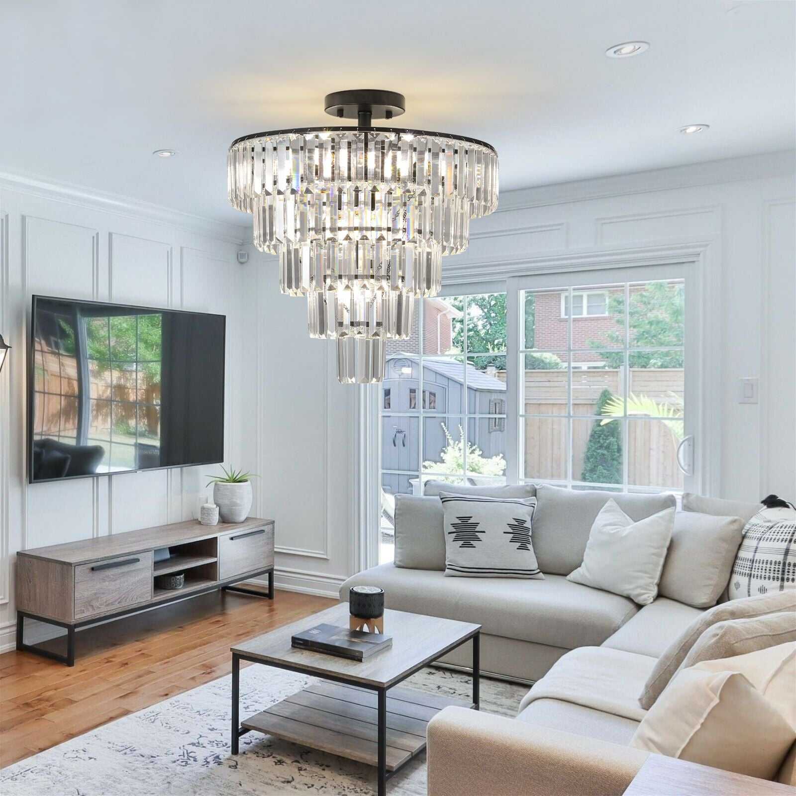 (Same as W1340110374/L5011) 20" Black Crystal Chandelier Ceiling Light, Modern Luxury 10-Light Flush Mount Light Fixture, Elegant Home Lighting for Living Room, Dining Room, Bedroom (No Bulbs) - luxuryhomedecoridea.com