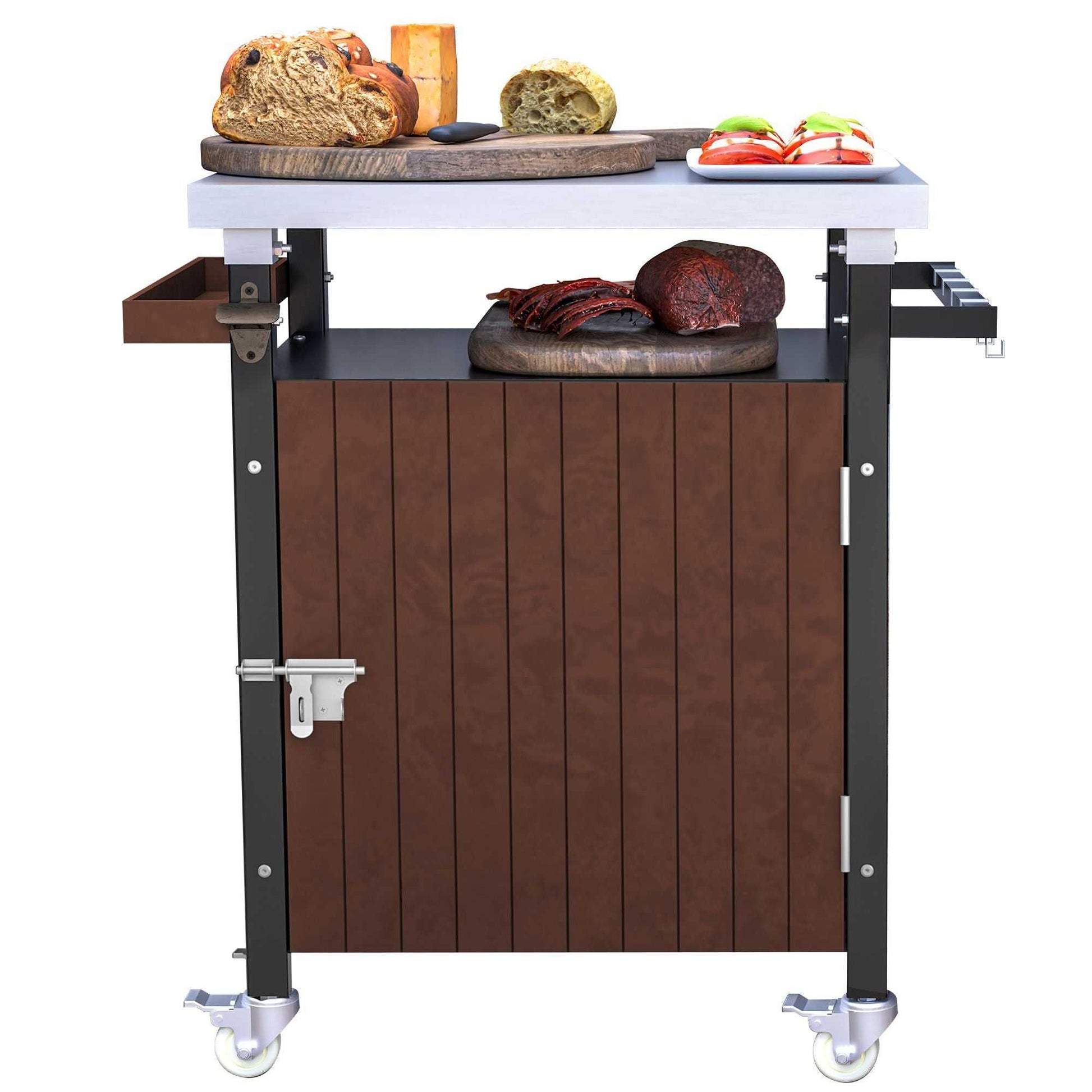 Outdoor Grill Cart with Stainless Steel Tabletop, Storage, Patio Kitchen Island with Wheels, Hooks, and Spice Rack, Waterproof Outdoor Grill Table, Movable BBQ Serving Cart Rolling Bar Cart - luxuryhomedecoridea.com