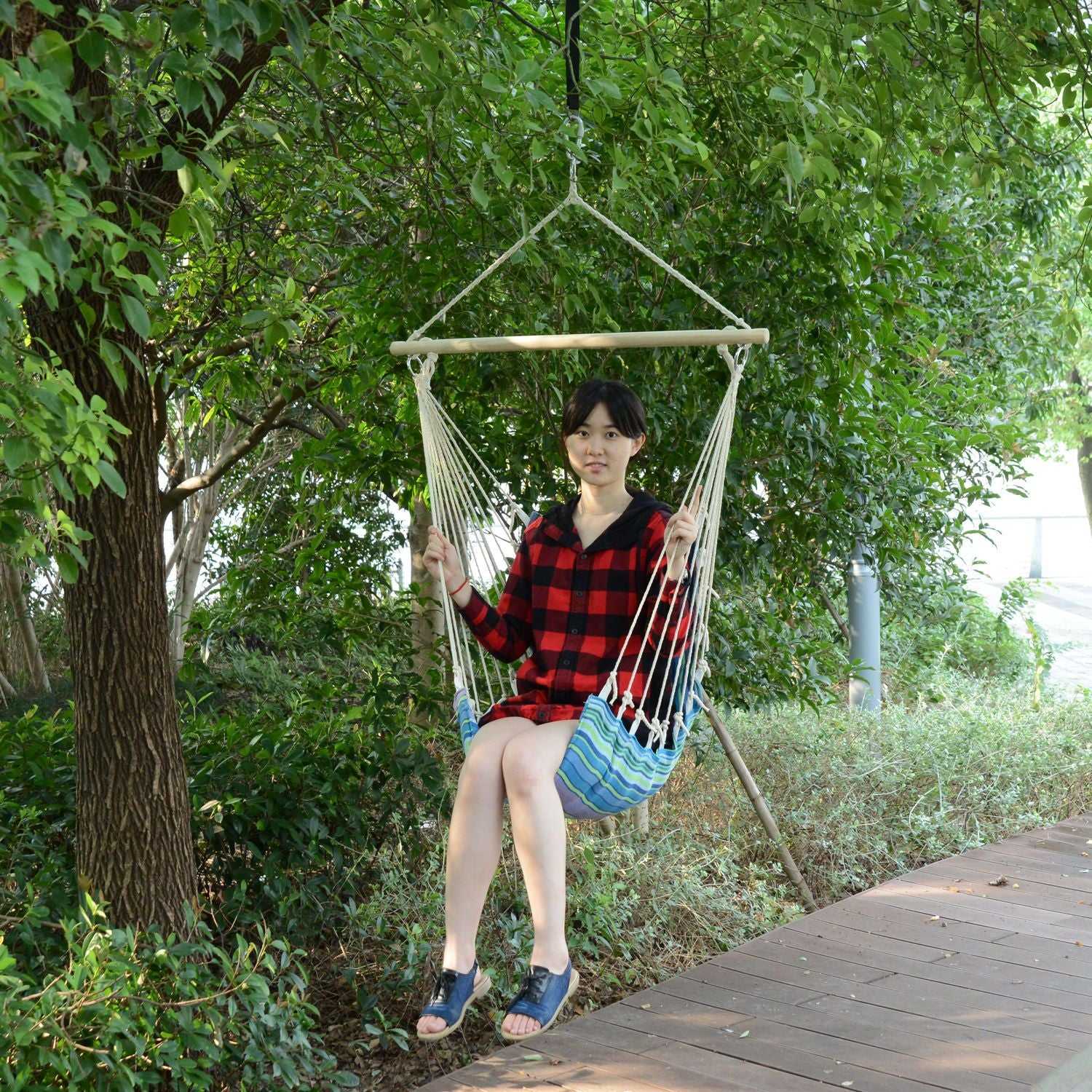 Portable Hanging Woven Hammock Seat Rope Swing Chair Sleeping Bed for Outdoor Garden Yard Camping Blue - luxuryhomedecoridea.com