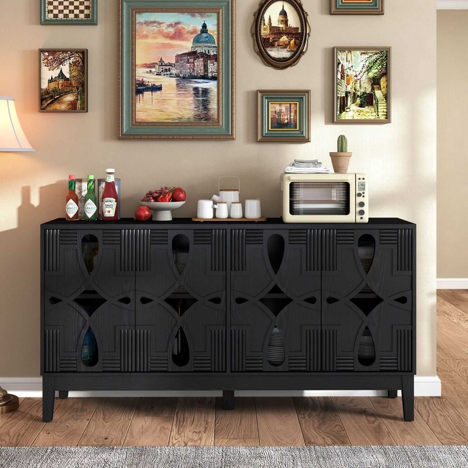 60.5" Mid Century Modern Sideboard Buffet Cabinet with Storage, TV Media Console Table, Storage Cabinet with 4 Doors & Adjustable Shelves for Kitchen Dining Living Room Entryway, Black - luxuryhomedecoridea.com