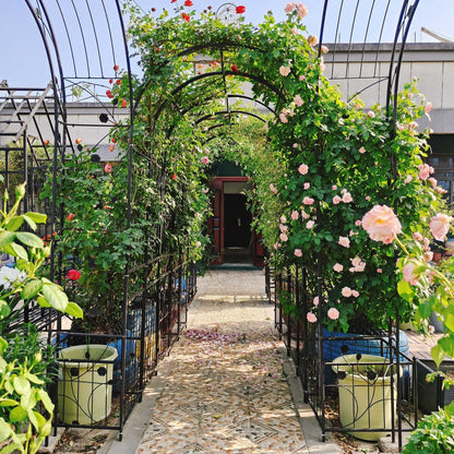 Elegant Metal Garden Arch with Dual Plant Stands - 79.5'' Wide x 86.6'' High Climbing Support for Roses & Vines - Outdoor Black Trellis Decoration - luxuryhomedecoridea.com