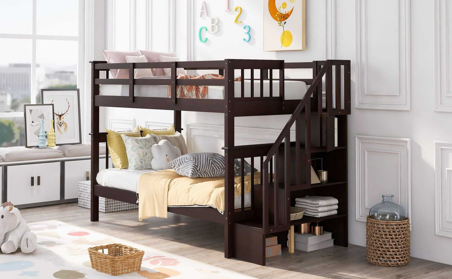 Stairway Twin-Over-Twin Bunk Bed with Storage and Guard Rail for Bedroom, Dorm - luxuryhomedecoridea.com