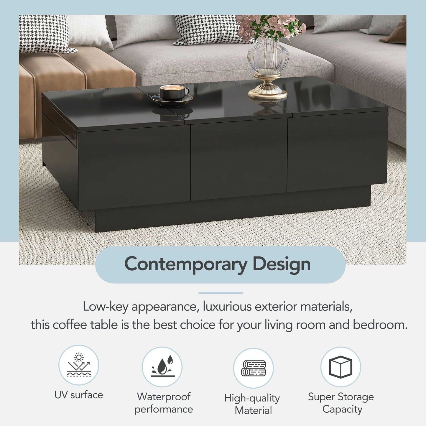 Coffee Table with 2 large Hidden Storage Compartment, Extendable Cocktail Table with 2 Drawers, High-gloss Center Table with Sliding Top for Living Room, 39.3"x21.6", Black - luxuryhomedecoridea.com