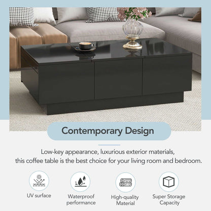 Coffee Table with 2 large Hidden Storage Compartment, Extendable Cocktail Table with 2 Drawers, High-gloss Center Table with Sliding Top for Living Room, 39.3"x21.6", Black - luxuryhomedecoridea.com