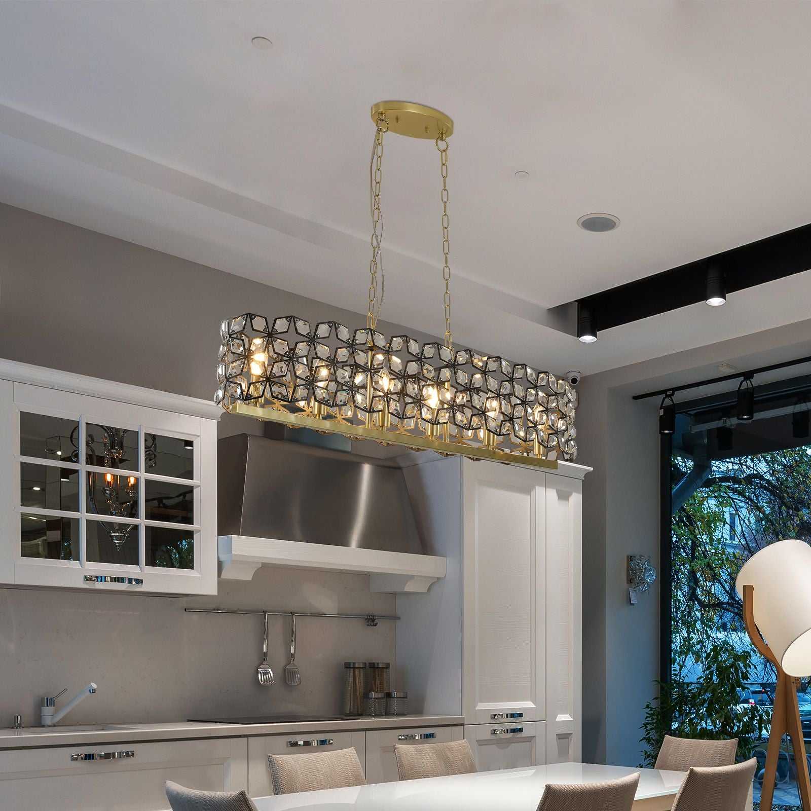 39" Contemporary Crystal and BlackGold Pendant Chandelier – Geometric Modern Light Fixture for Dining Room, Kitchen, or Living Room (Bulb Not Included) - luxuryhomedecoridea.com