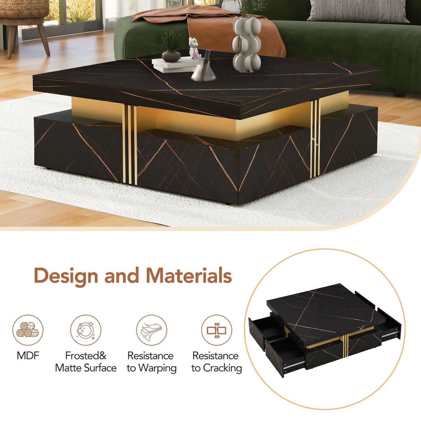 Modern Black Square Storage Coffee Table With 4 Drawers - luxuryhomedecoridea.com