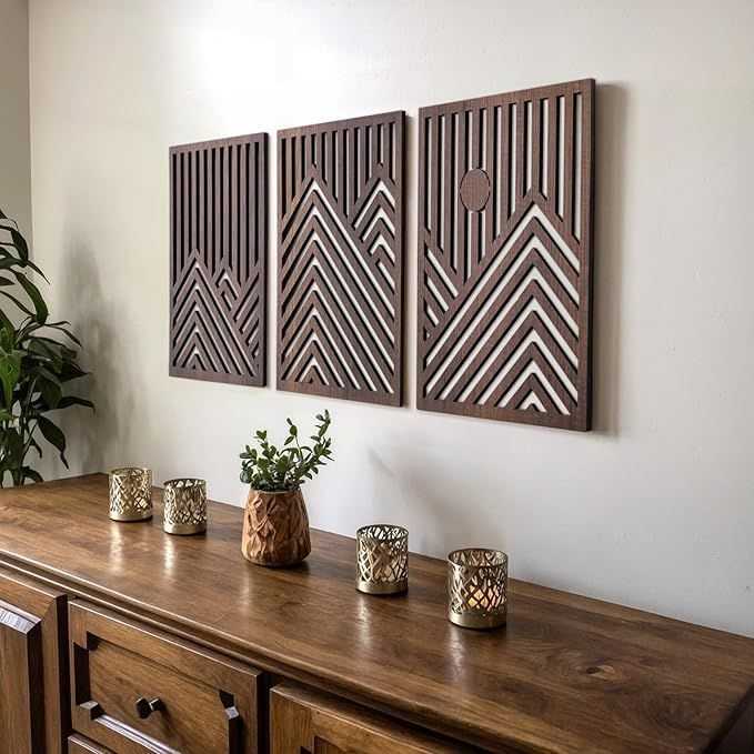Modern Wooden Wall Sculptures - Set of 3 - MDF - Oak - Home Decor Accent - Large Wall Art for Living Room, Bedroom, Office - Easy Installation (Walnut, Medium - Mountain and Sun, Unframed) - luxuryhomedecoridea.com