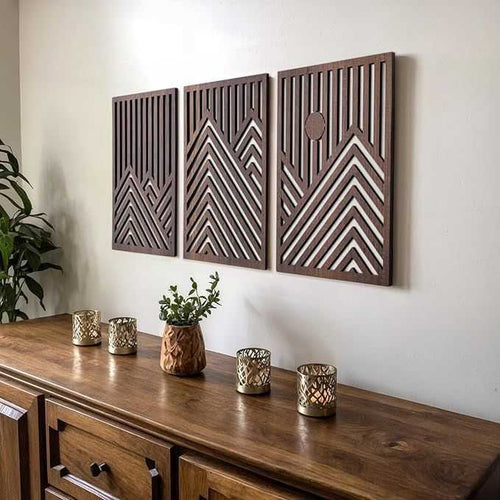 Modern Wooden Wall Sculptures - Set of 3 - MDF - Oak - Home Decor Accent - Large Wall Art for Living Room, Bedroom, Office - Easy Installation (Walnut, Medium - Mountain and Sun, Unframed) - luxuryhomedecoridea.com