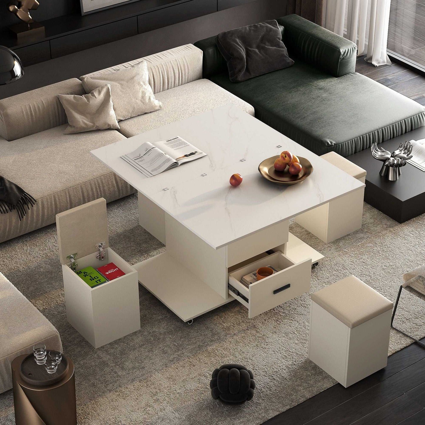 Modern Lift-Up Coffee Table with 4 Stools Set for Living Room Expandable 1 Hidden Storage + 2 Drawers Space Saving Folding Dining Table - luxuryhomedecoridea.com