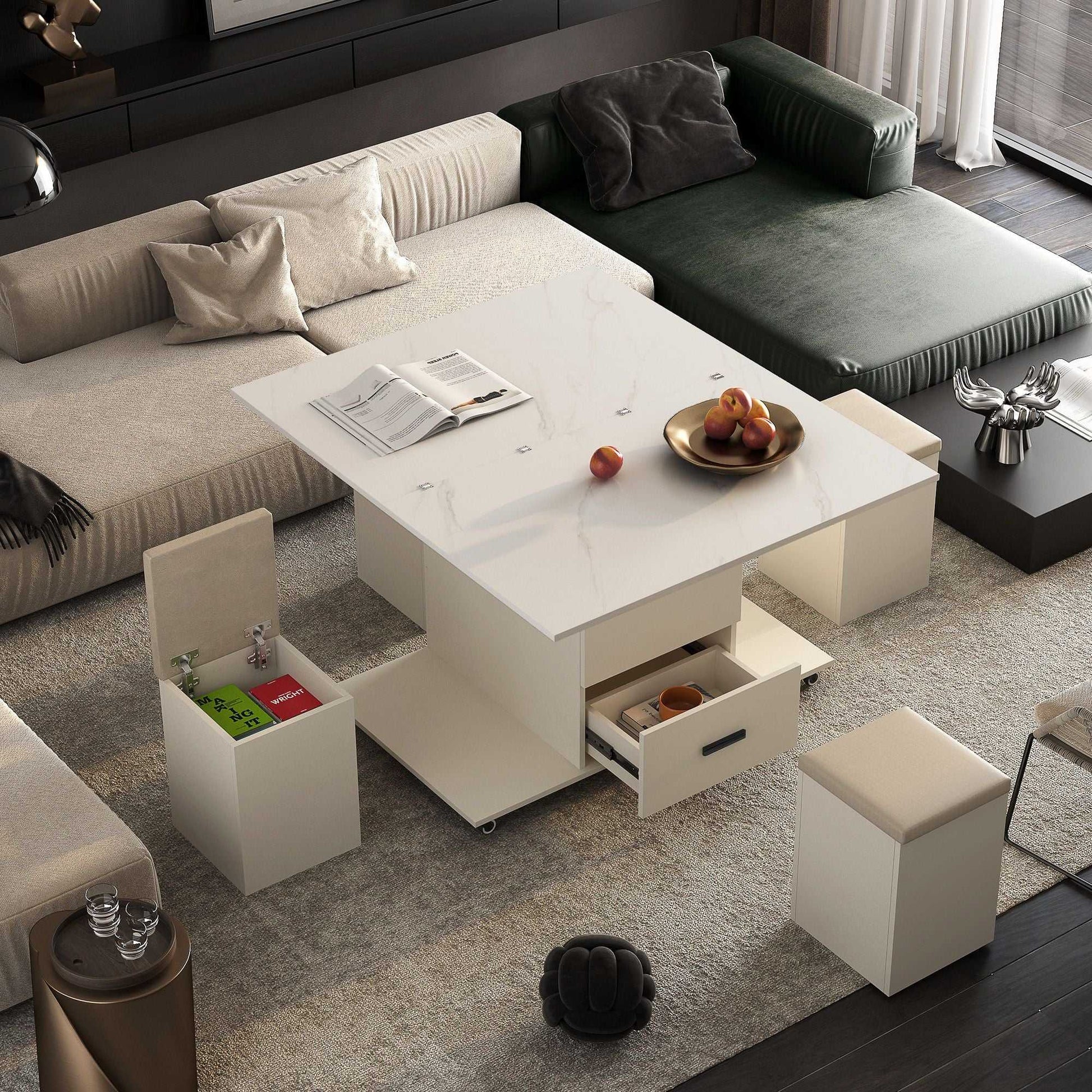 Modern Lift-Up Coffee Table with 4 Stools Set for Living Room Expandable 1 Hidden Storage + 2 Drawers Space Saving Folding Dining Table - luxuryhomedecoridea.com