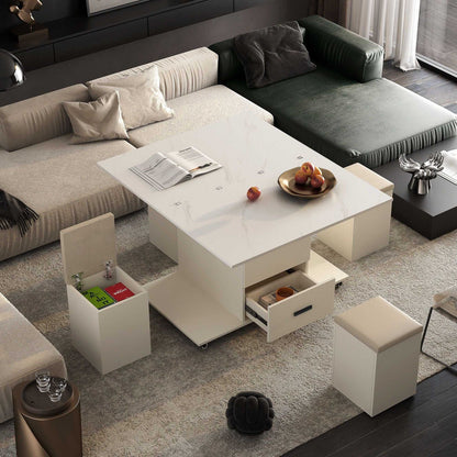 Modern Lift-Up Coffee Table with 4 Stools Set for Living Room Expandable 1 Hidden Storage + 2 Drawers Space Saving Folding Dining Table - luxuryhomedecoridea.com