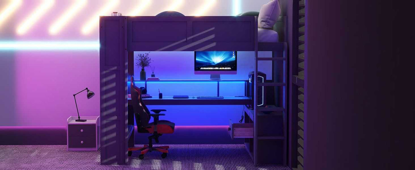 Wood Full Size Gaming Loft Bed with Desk, Multi-storage Shelves, LED and Charging Station, Dark Gray(Old SKU:SM000374AAE) - luxuryhomedecoridea.com