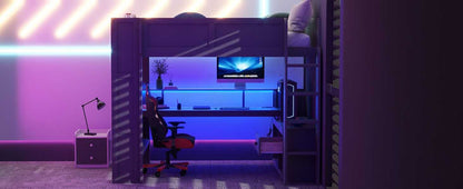 Wood Full Size Gaming Loft Bed with Desk, Multi-storage Shelves, LED and Charging Station, Dark Gray(Old SKU:SM000374AAE) - luxuryhomedecoridea.com
