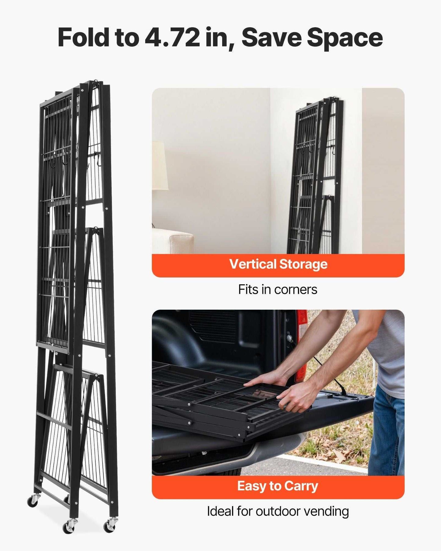 VEVOR 4-Tier Foldable Storage Shelf, 36W x 21D x 60H Inch Folding Metal Rack Shelving Unit, No Assembly Organizer Shelf with 5 Wheels & 4 Hooks for Pantry, Kitchen, Garage, Basement, Black - luxuryhomedecoridea.com