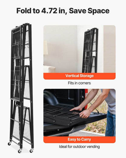 VEVOR 4-Tier Foldable Storage Shelf, 36W x 21D x 60H Inch Folding Metal Rack Shelving Unit, No Assembly Organizer Shelf with 5 Wheels & 4 Hooks for Pantry, Kitchen, Garage, Basement, Black - luxuryhomedecoridea.com