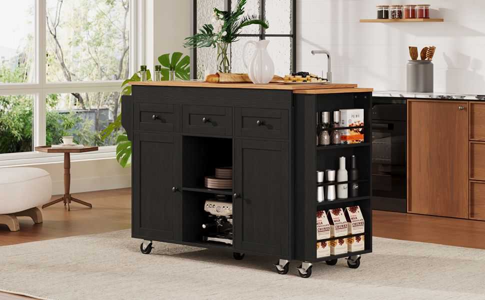 K&K 85.5" Kitchen Island with Extendable Dining Table, Kitchen Storage Table with 3 Side Open Shelves, Rolling Kitchen Island with Power Outlet, 3 Drawers, 2 Doors, for Kitchen, Dining Room, Black - luxuryhomedecoridea.com