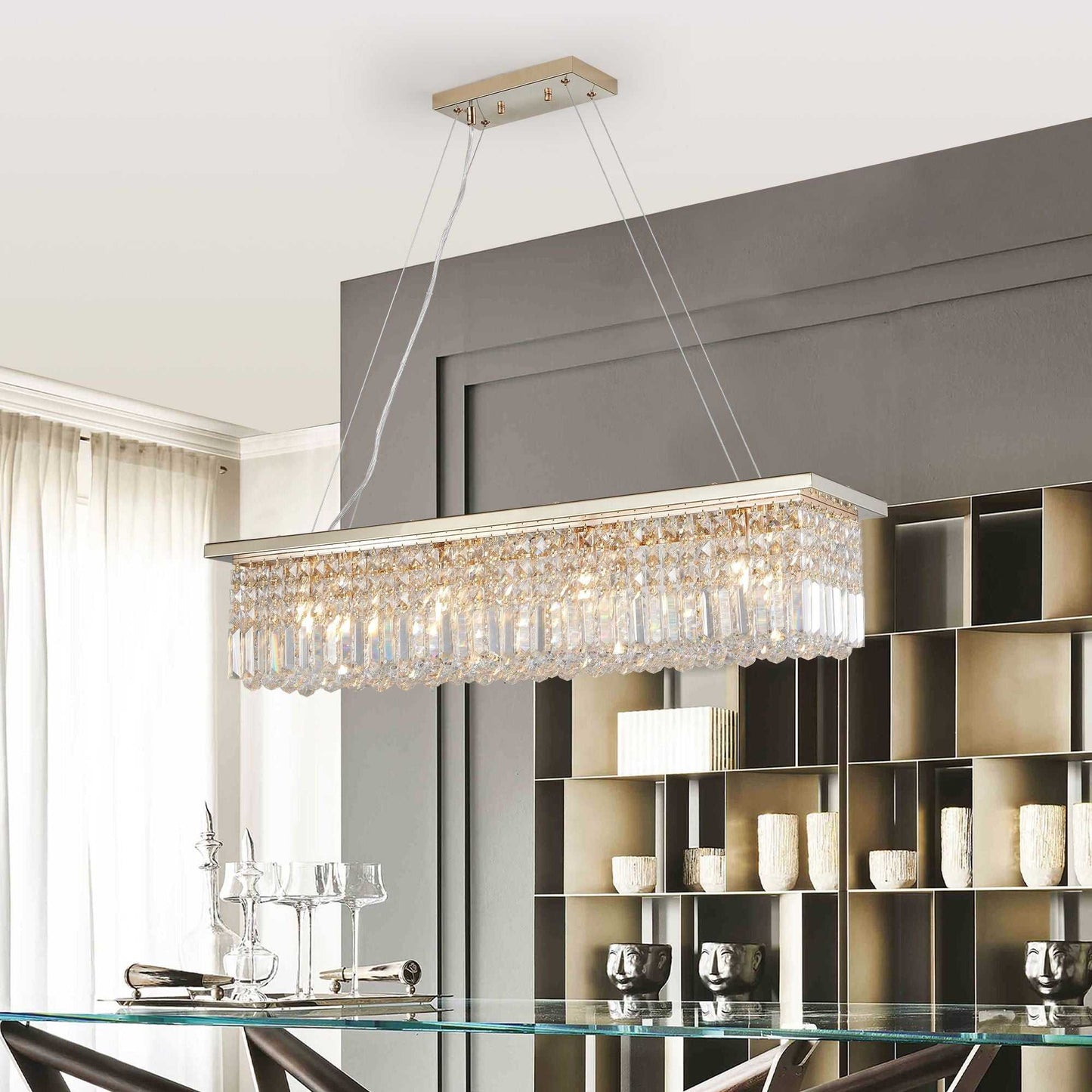 Modern Crystal Chandelier for Dining Room 8-Light Gold Rectangle Raindrop Chandelier Contemporary Rectangular Pendant Light Fixture for Kitchen Island Bar L39.4'' x W9.8'' x H8.7'(Bulb Not Included) - luxuryhomedecoridea.com