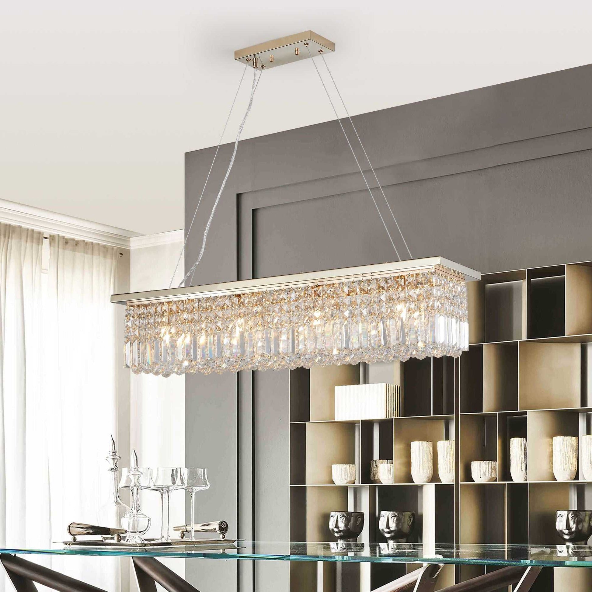Modern Crystal Chandelier for Dining Room 8-Light Gold Rectangle Raindrop Chandelier Contemporary Rectangular Pendant Light Fixture for Kitchen Island Bar L39.4'' x W9.8'' x H8.7'(Bulb Not Included) - luxuryhomedecoridea.com